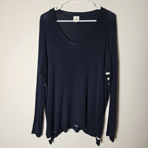 CAbi Tops - CAbi Lighthouse Tee Medium Navy White Stripe Long Sleeve V-Neck Asymmetrical Top